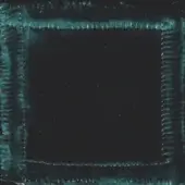 Textured teal frame with striated vertical lines and frayed edges against a dark teal background, displaying a woven textile pattern.